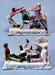 Dos figuras de porcelana: Un largo tirón y un fuerte tirón, y ¡Fuera! ¡Por Jingo!!!, c.1875-90